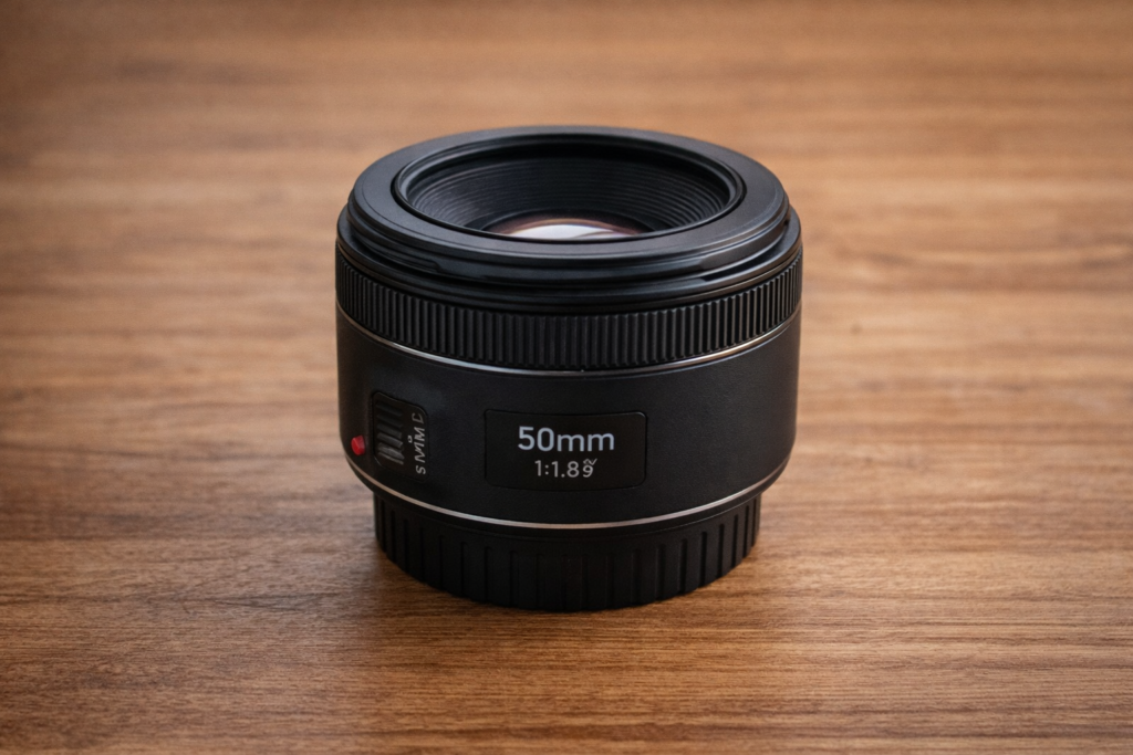 objectif portrait photo 50mm sur table en bois