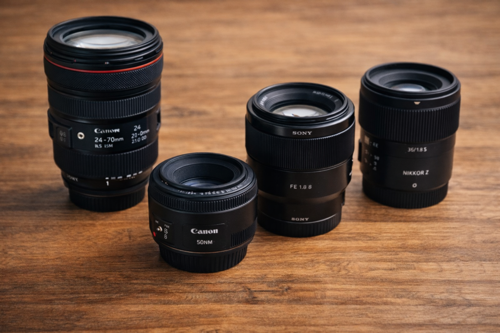 plusieurs objectifs photo 50mm 85mm 35mm sur table en bois